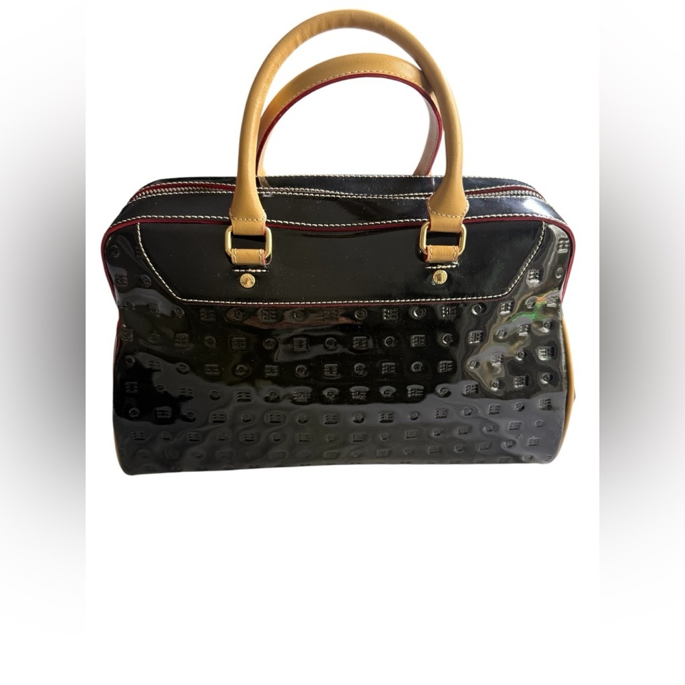 Arcadia Black Patent Satchel with Tan Handles and Red Trim